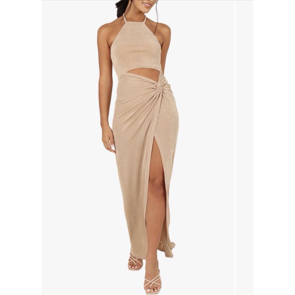 Petal & Pup | Scarlette Gold Cutout Maxi Halter Dress with Side Knot Size 12